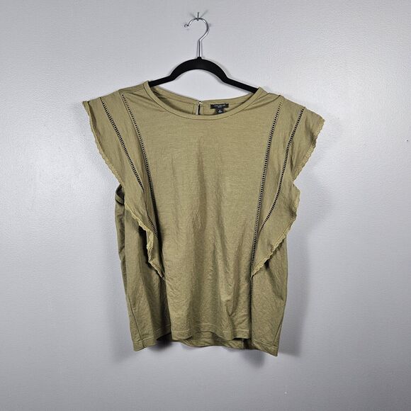 Ann Taylor Womens Large Petite LP Embroidered Ruffle Cap Short Sleeve Olive - Picture 1 of 5